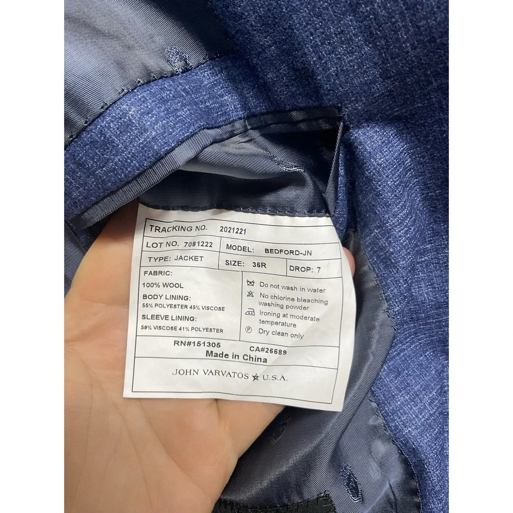 John Varvatos Men's Blue Wool Bedford Slim Fit 2PC Jacket Pants Suit Size 36R/30